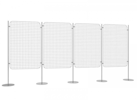 Composizione autoportante di 4 griglie espositive con basi tonde