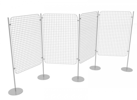 Composizione autoportante di 4 griglie espositive con basi tonde